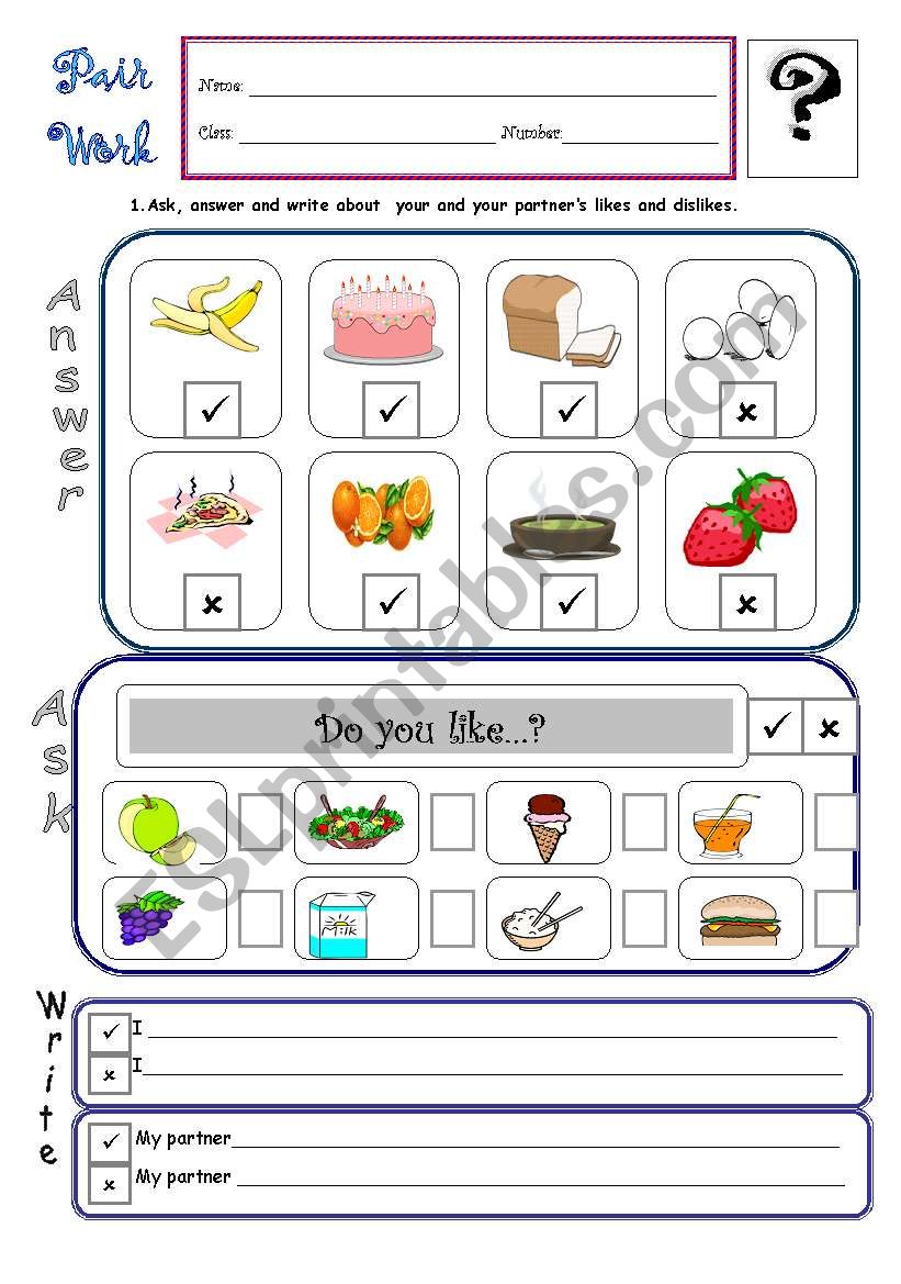 Likes and dislikes worksheet