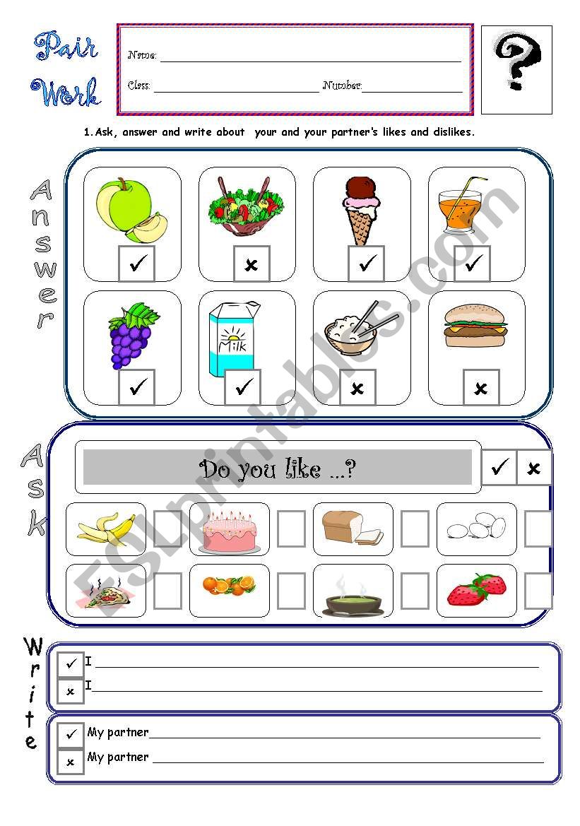 Likes and dislikes- B worksheet