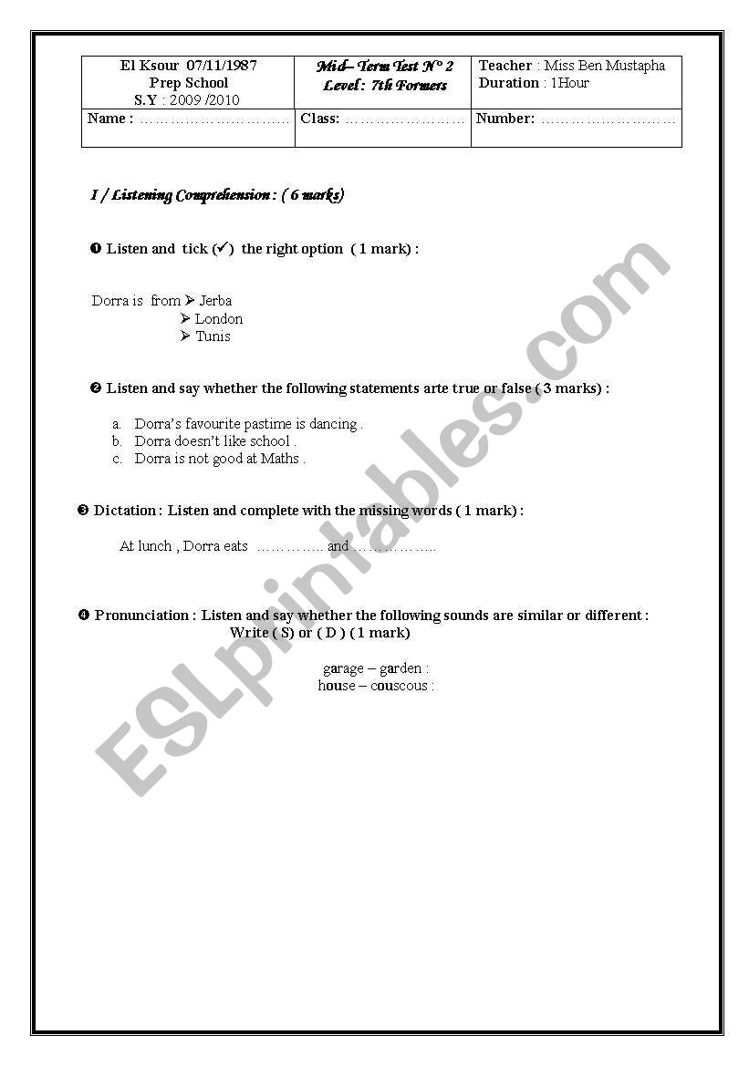 exam 7th form learners  worksheet