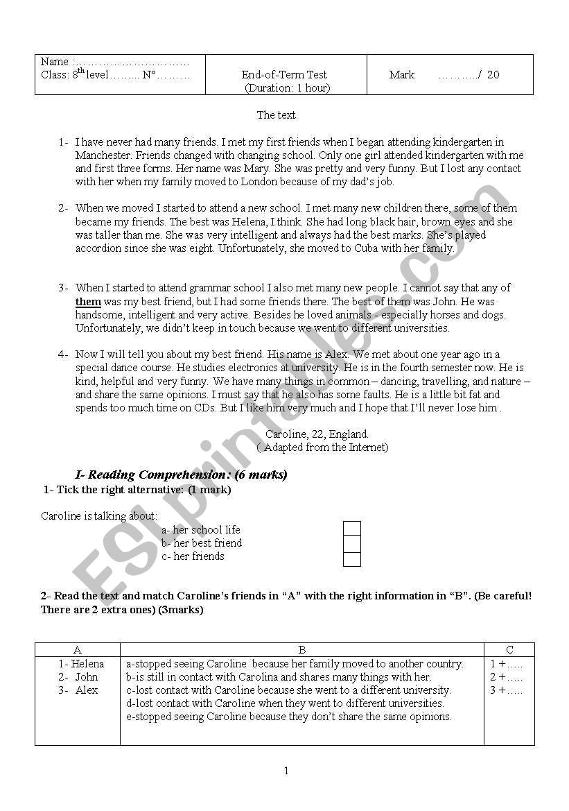 End of term test for 8th graders Tunisian program