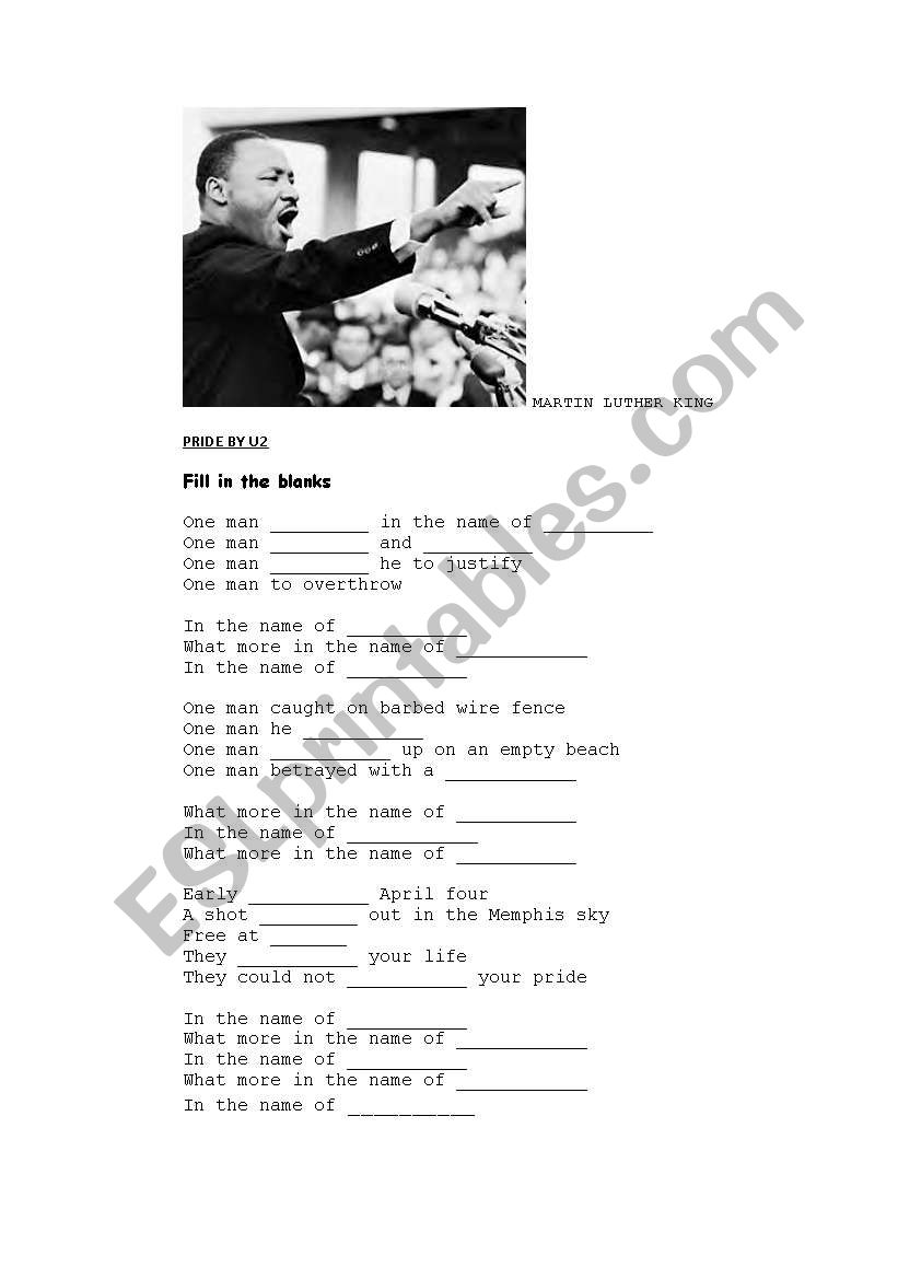 PRIDE by U2 worksheet