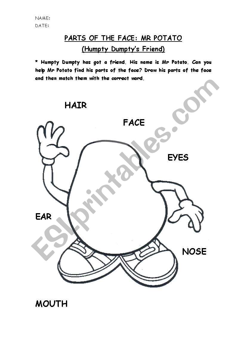 MR POTATO: PARTS OF THE FACE worksheet