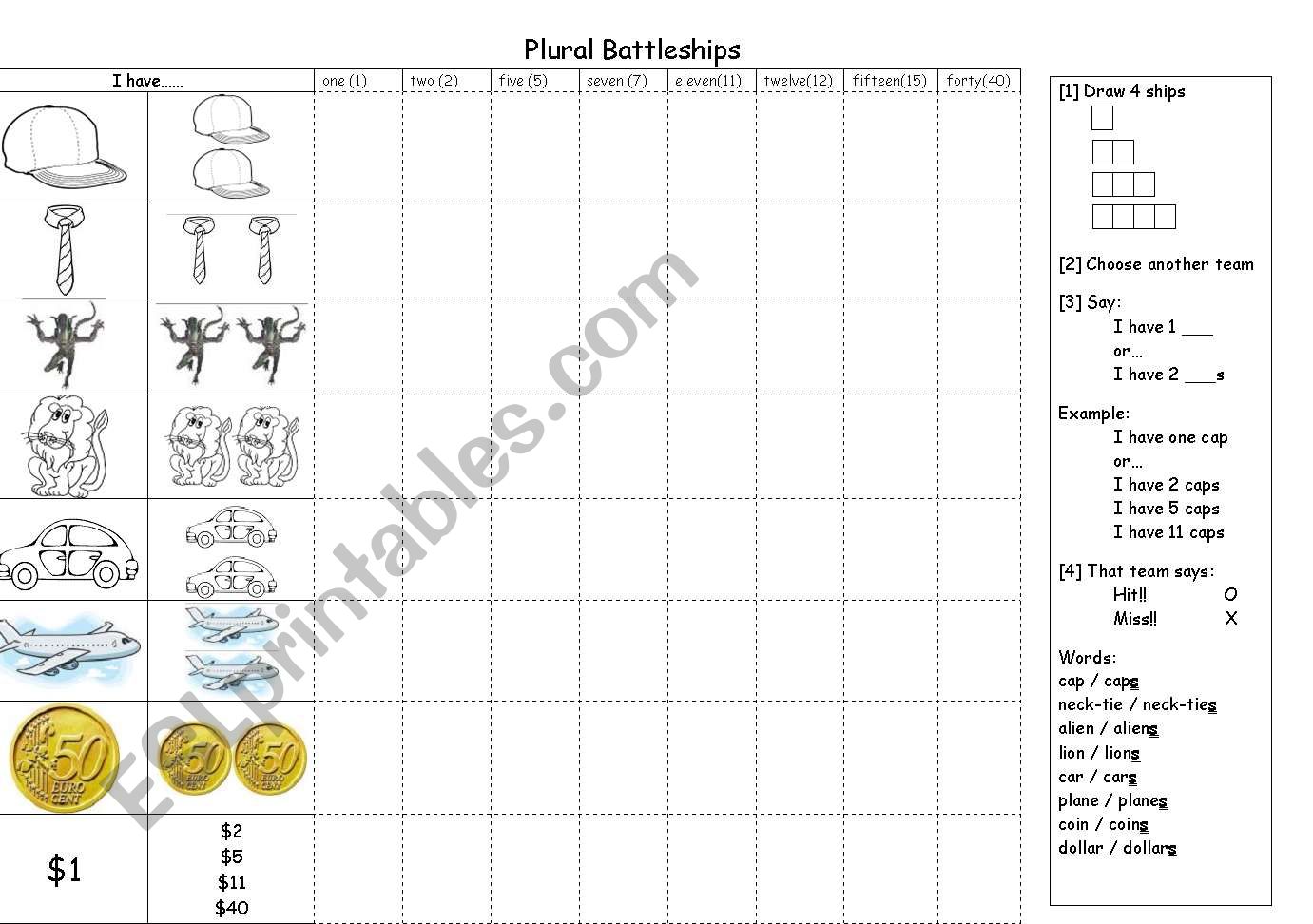 Plural/Single battleships worksheet