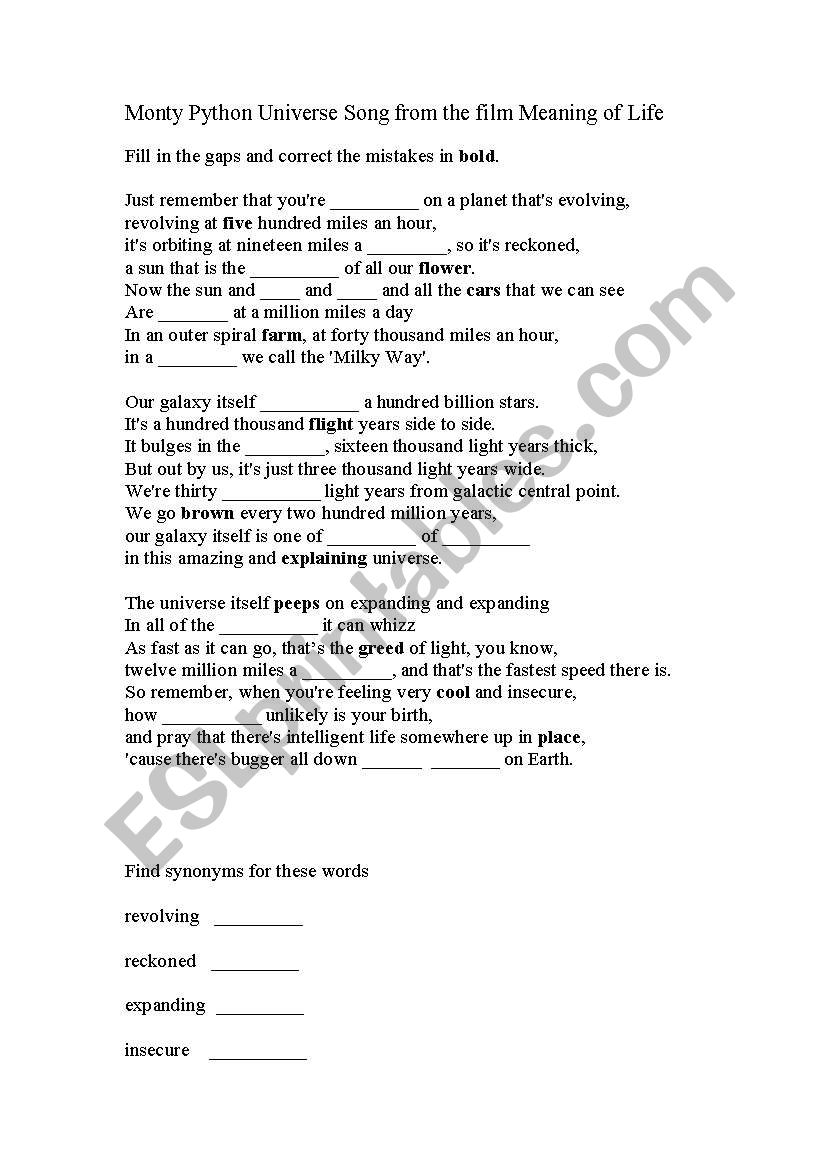 Monty Pythons Universe Song worksheet