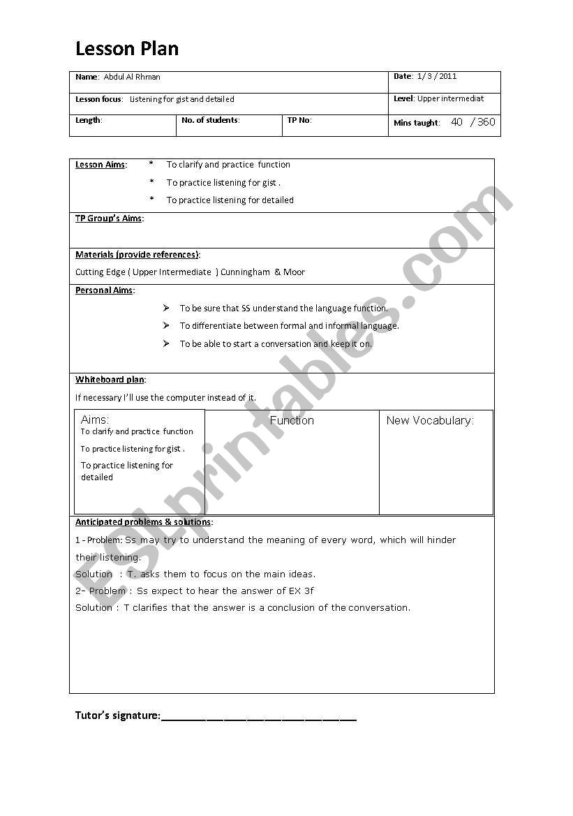 CELTA lesson plan worksheet