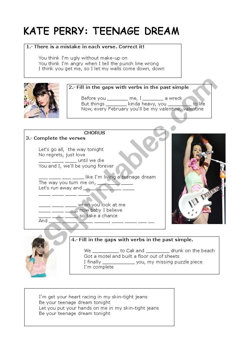 kate perry teenage dream worksheet