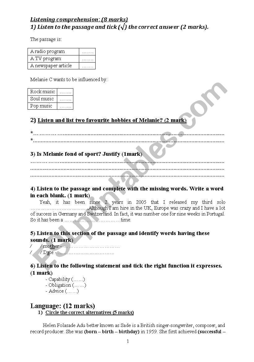 Mid term test worksheet