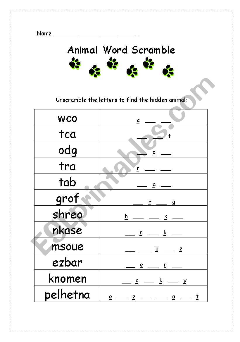 Animals 2 - Word Scramble *Fully editable