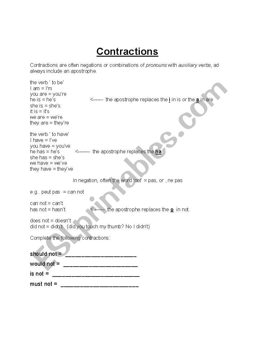 contractions work sheet worksheet