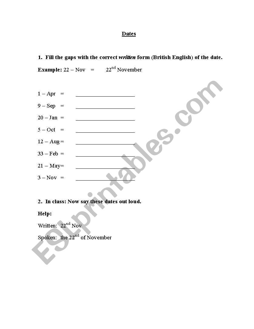 Dates  worksheet