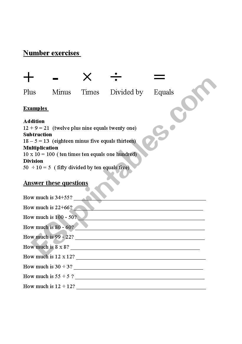 Basic Number exercises  worksheet