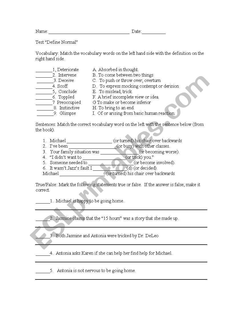 Define Normal Test worksheet