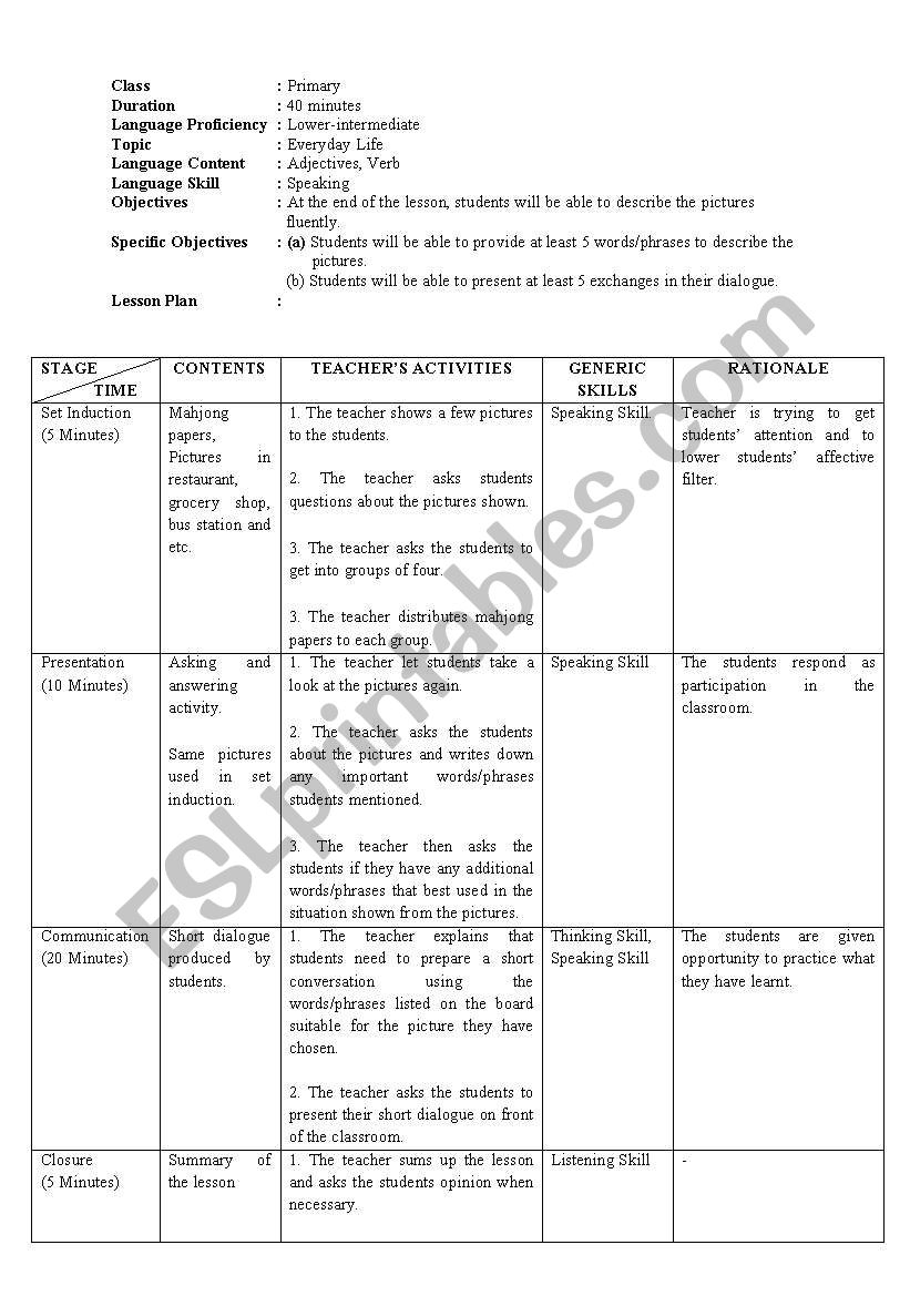 lesson plan for adjectives worksheet