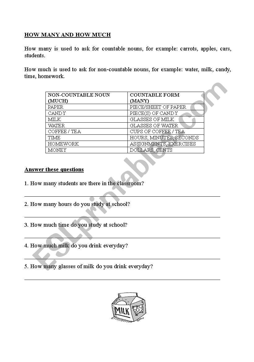 How many and how much worksheet