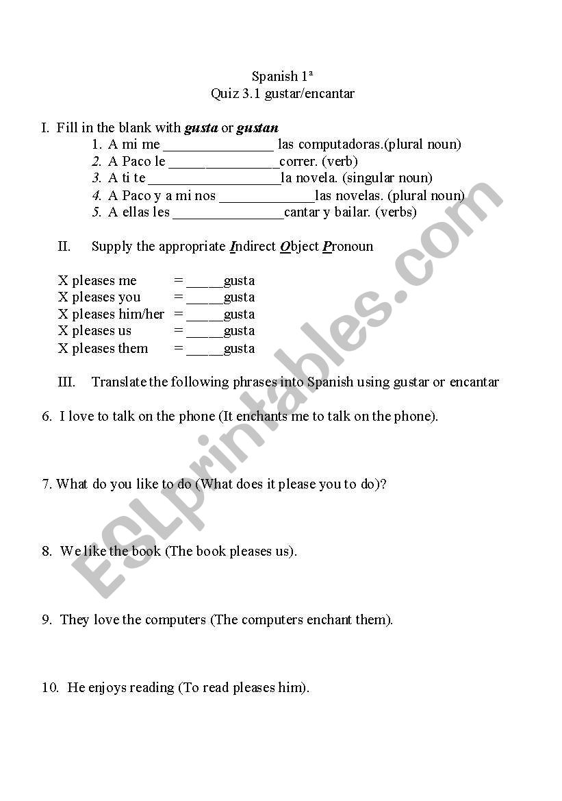 English worksheets: Gustar and Encantar - TEST With Verbs Like Gustar Worksheet