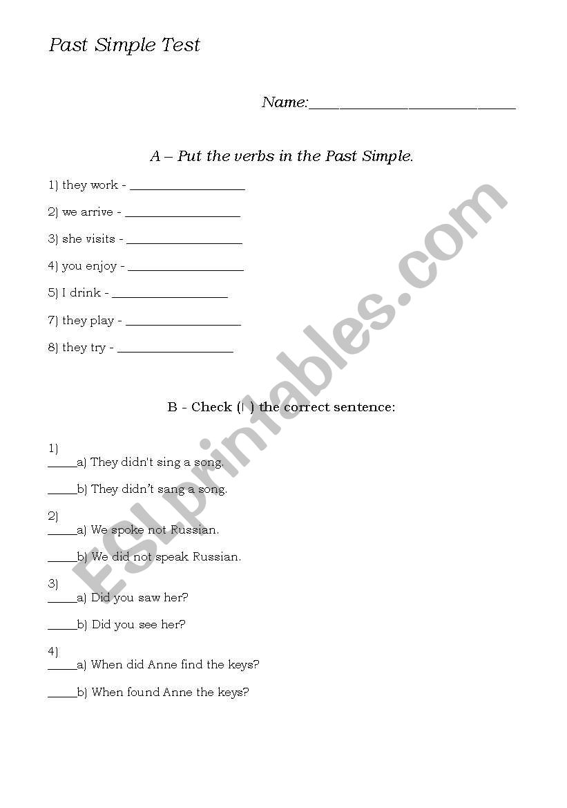 Past Simple Test worksheet