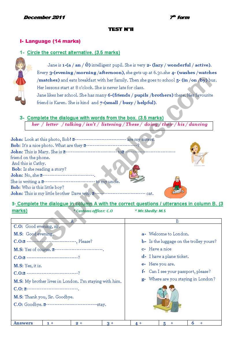 English test n2 7th form worksheet