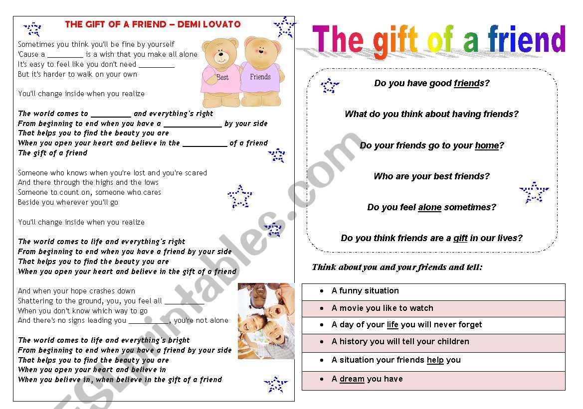 The gift of a friend worksheet