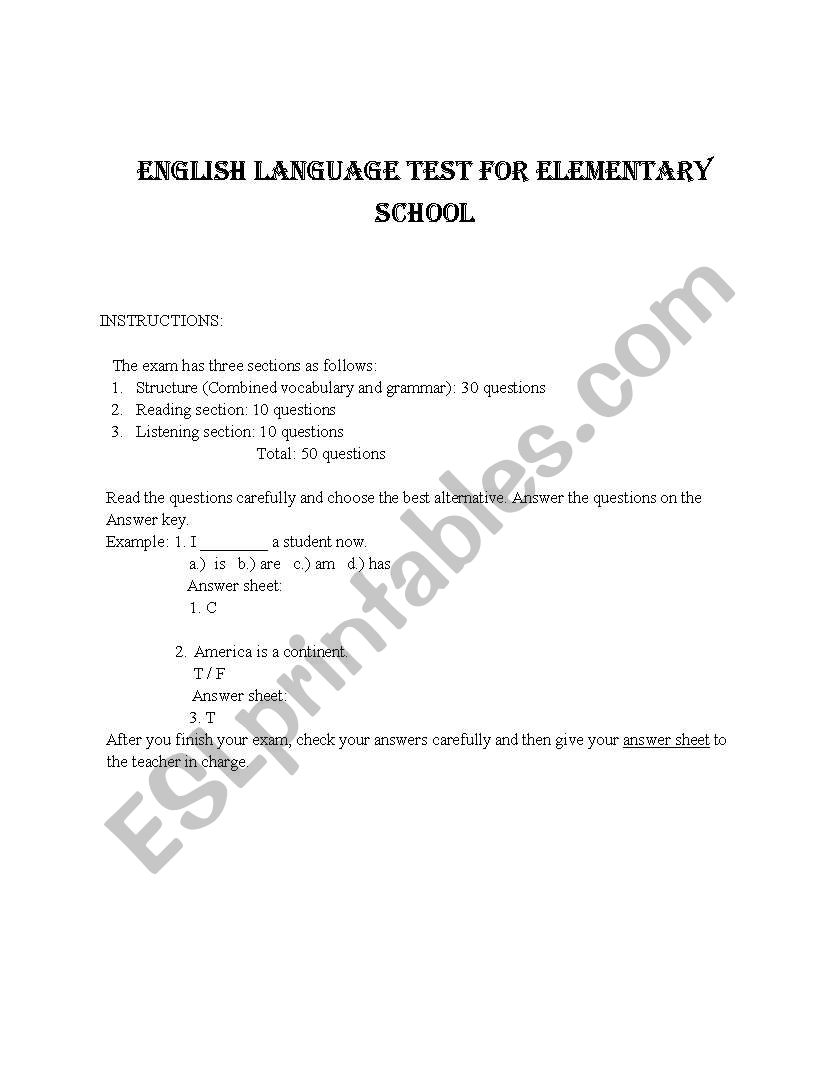 English Language TEST For Elementary School