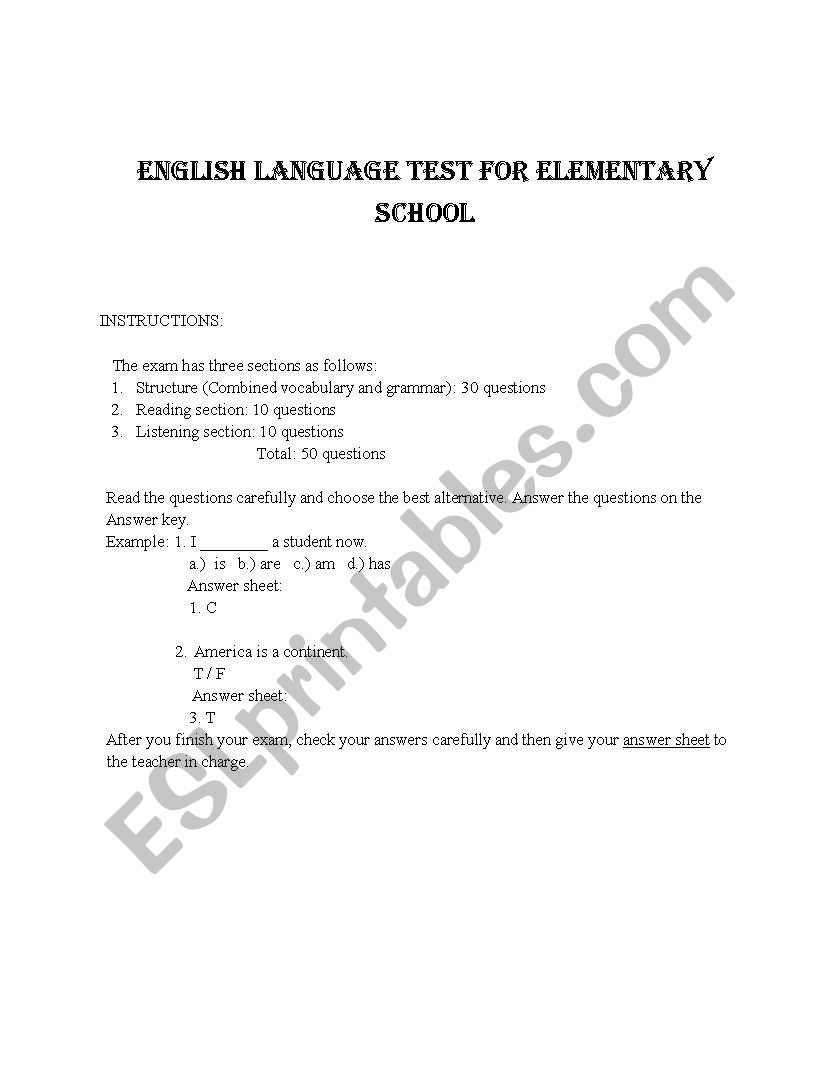 English Language TEST For Elementary School