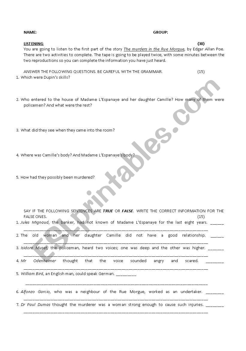 English worksheets: LISTENING The murders of the Rue Morgue