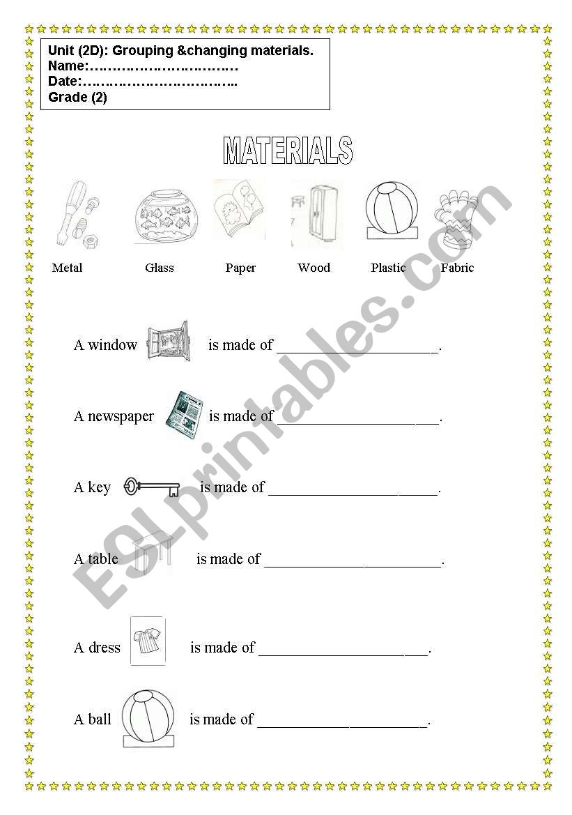 types of materials worksheet