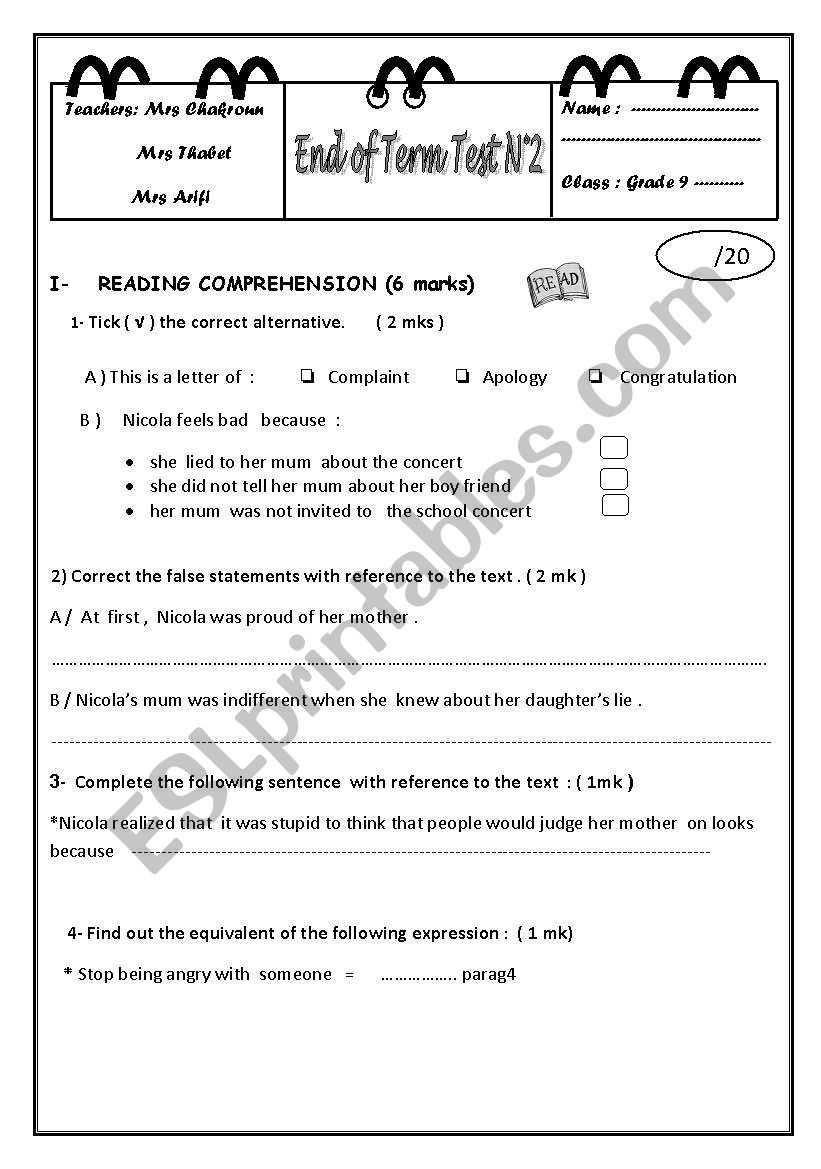 Grade 9 end of term test 1 worksheet