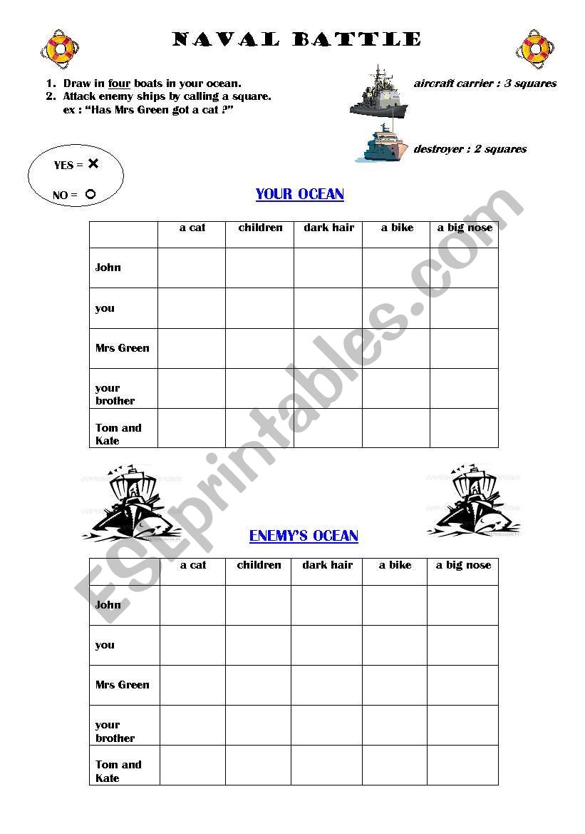 NAVAL BATTLE worksheet