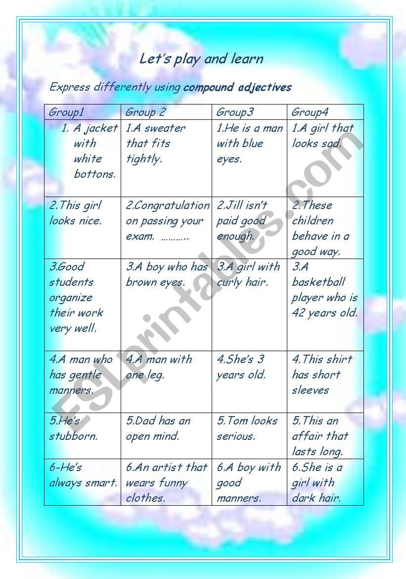 Game:Compound adjectives worksheet