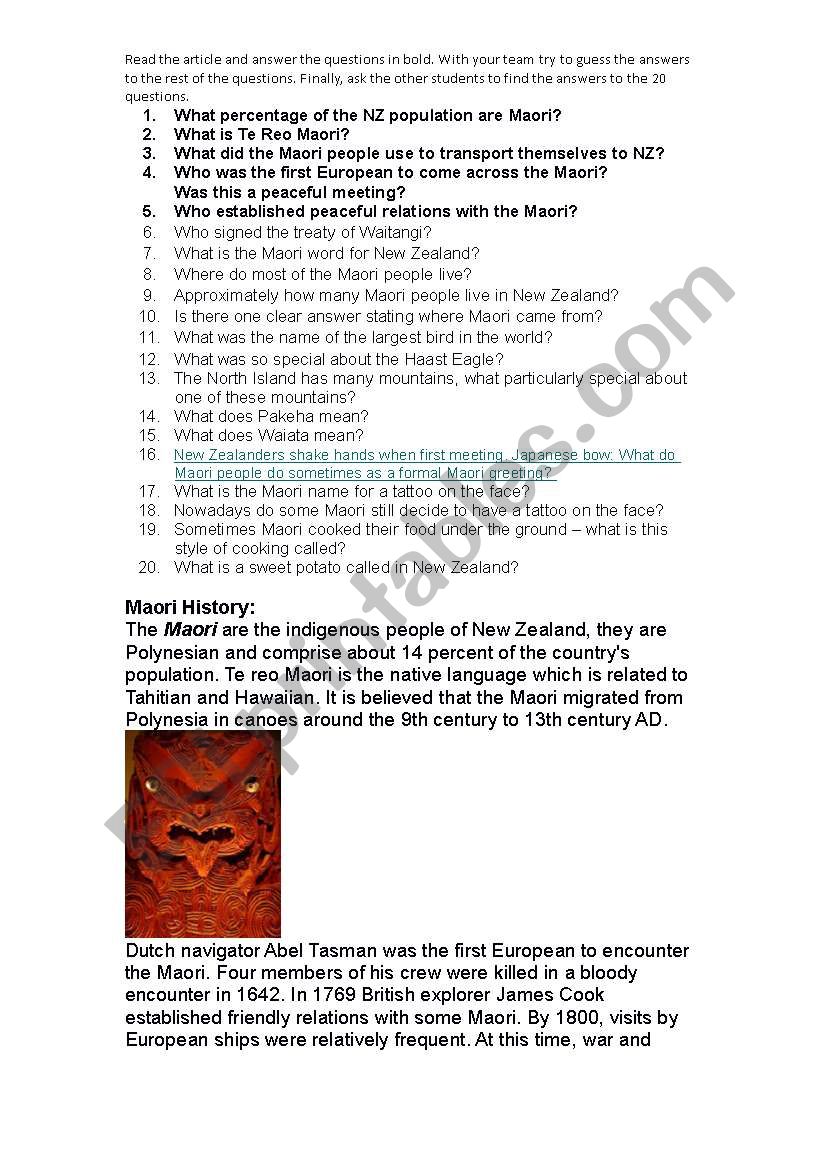 Maori Culture in New Zealand worksheet