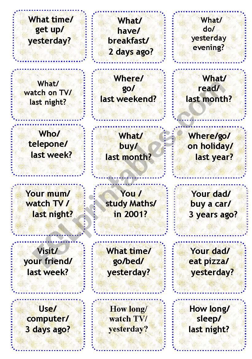 Past simple - Making Questions. Speaking Cards.