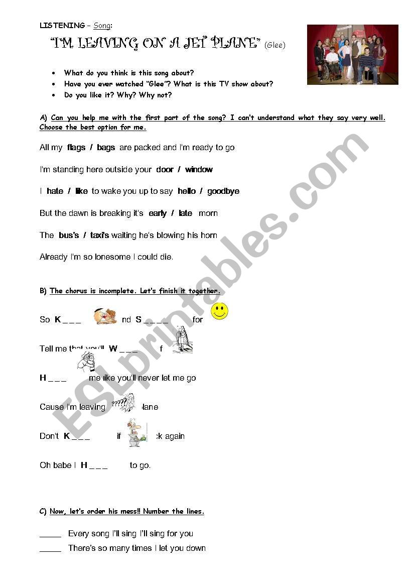 Leaving on a jet plane-Glee worksheet