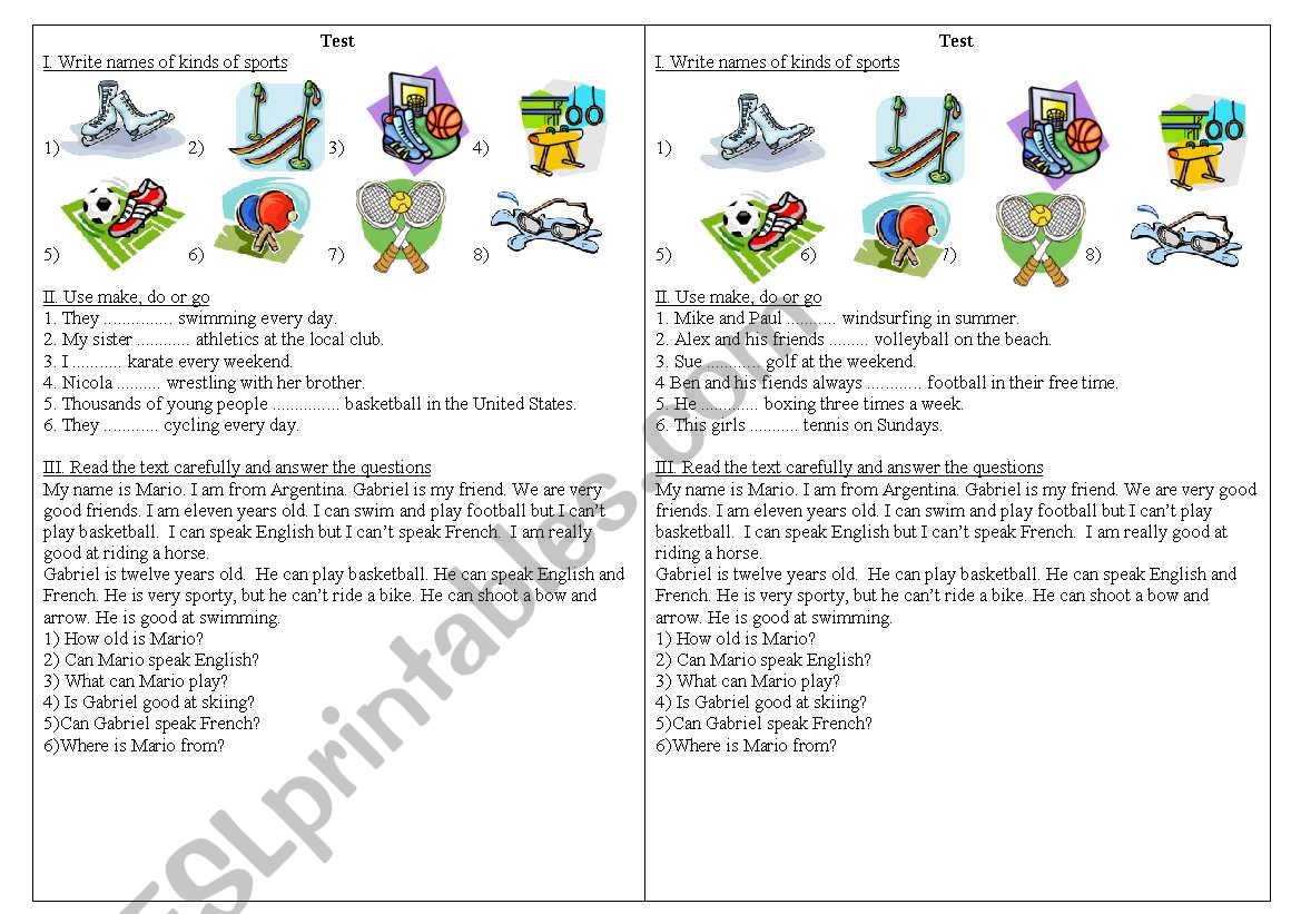 Different kinds of sport worksheet