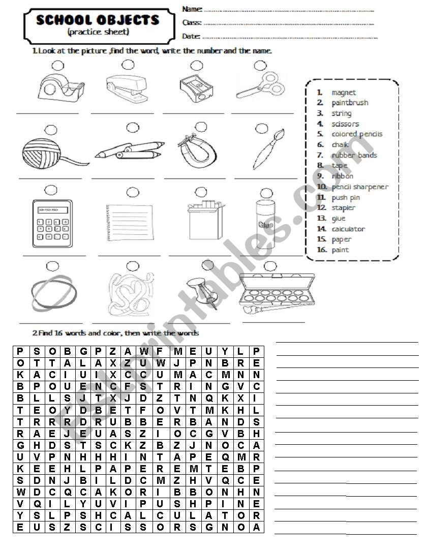 CLASSROOM OBJECTS (practice sheet)