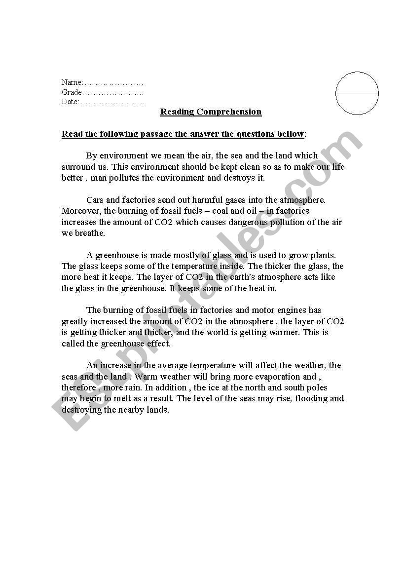 reading comprehension worksheet