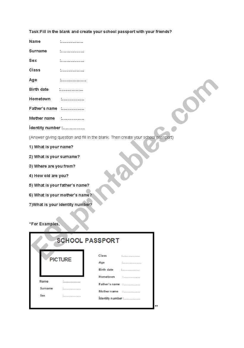 Create your school passport worksheet