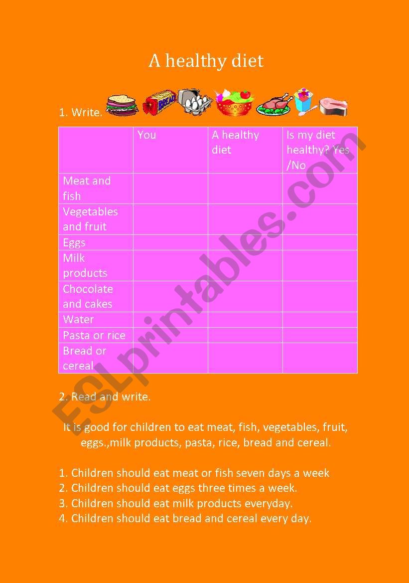 A healthy diet worksheet