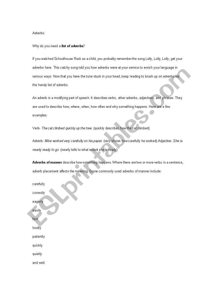 adverb list worksheet
