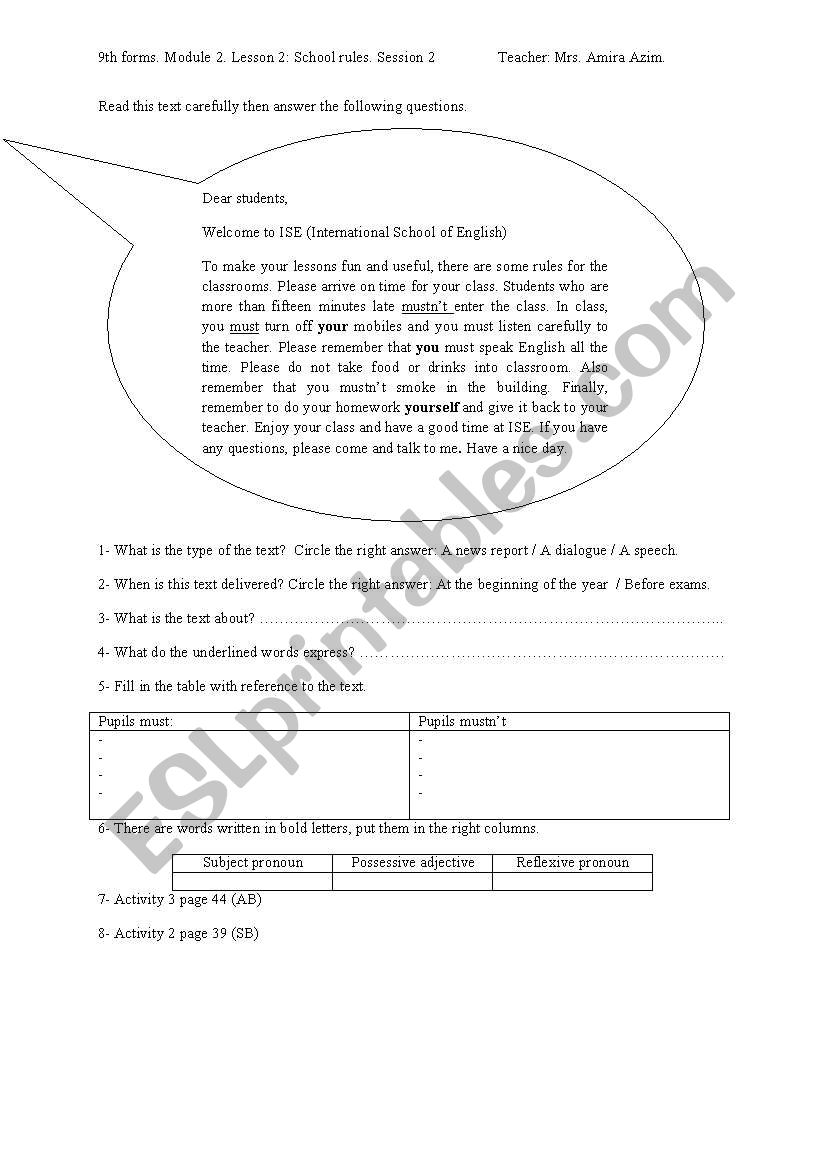 9th forms Tunisian schools. Module 2, Lesson 2:School rules session 2