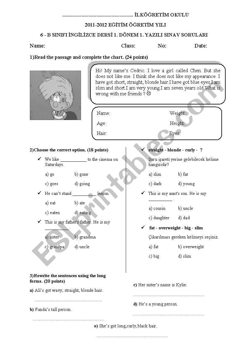 6th grade, first term, first examination