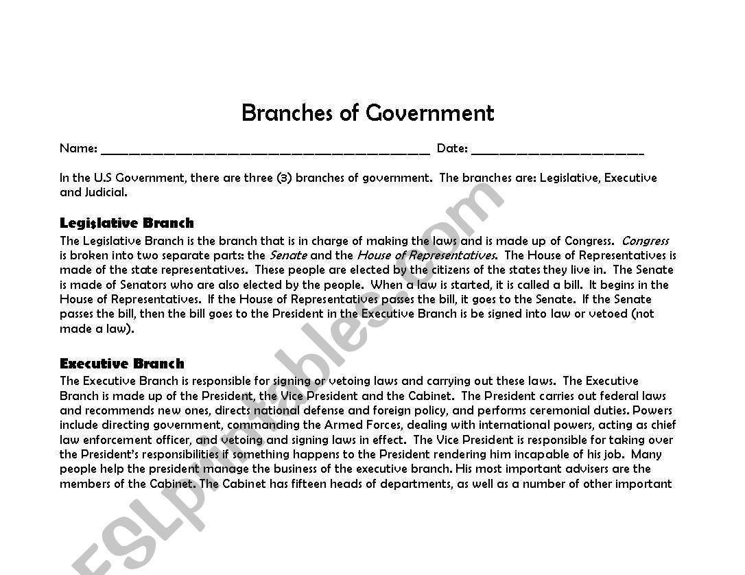 English worksheets: Branches of Government For Branches Of Government Worksheet Pdf