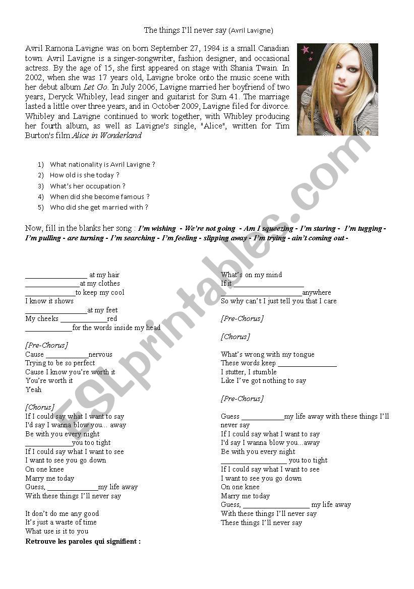 All the things Ill never say worksheet
