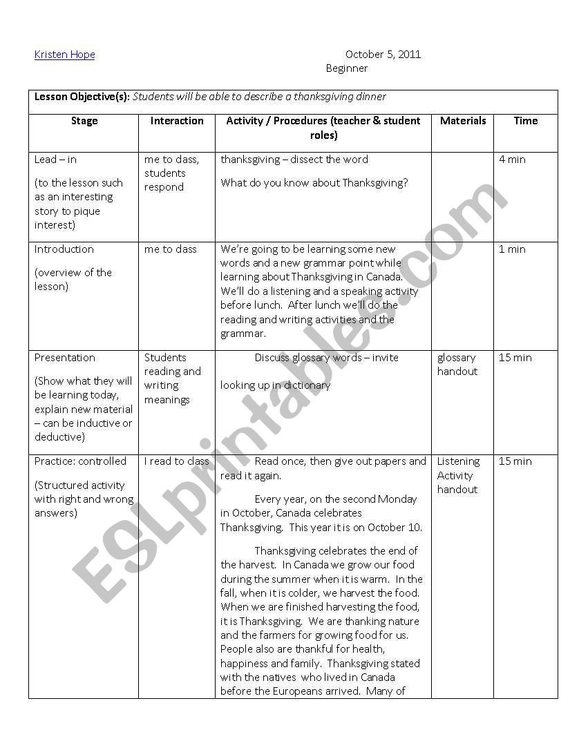 Thanksgiving Lesson plan and activities (Canadian)