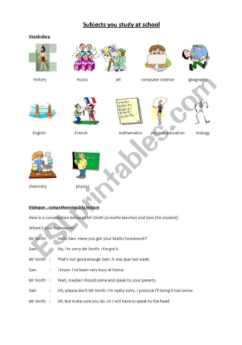 schoolsubjects worksheet