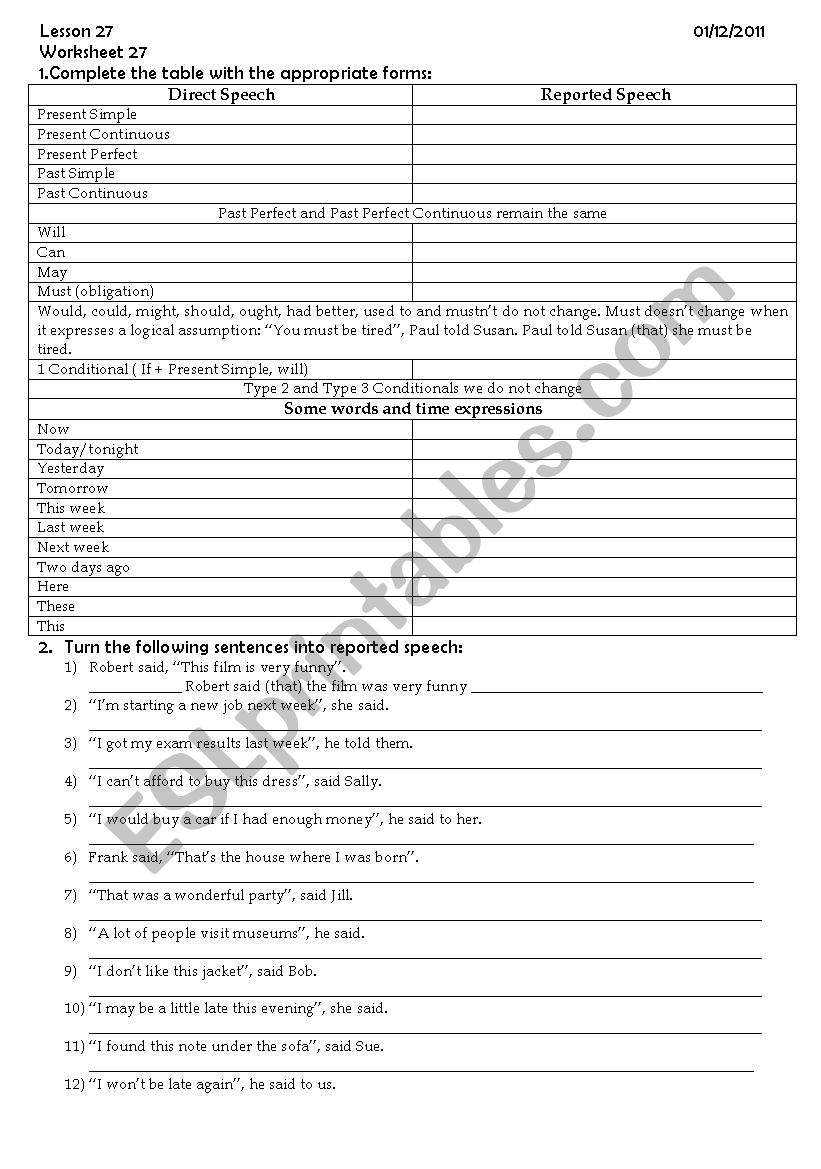 Reported Speech  worksheet