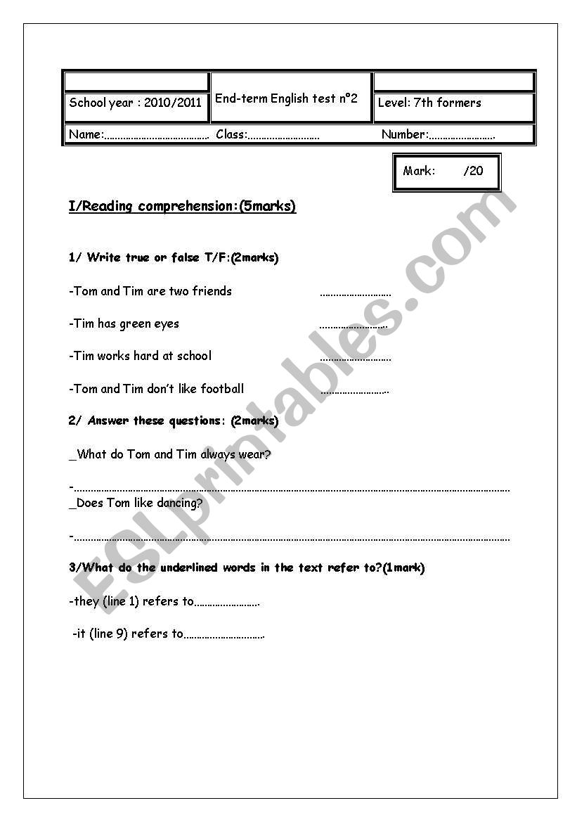 end term test n 2 8th formers worksheet