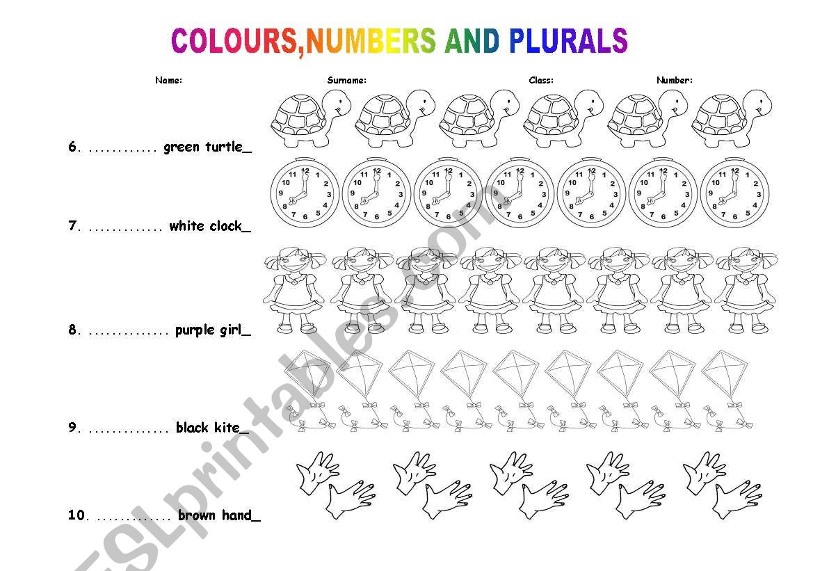 colours,plurals,numbers(5-10) worksheet