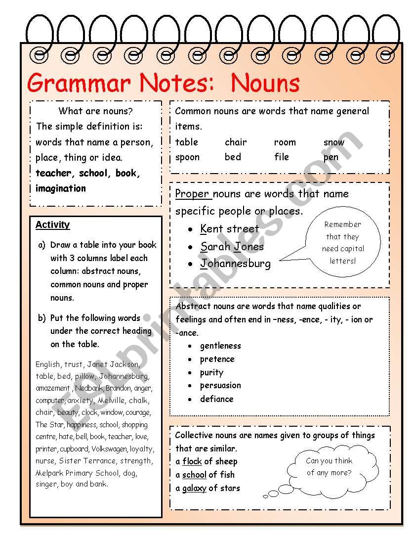 Nouns Grammar note worksheet