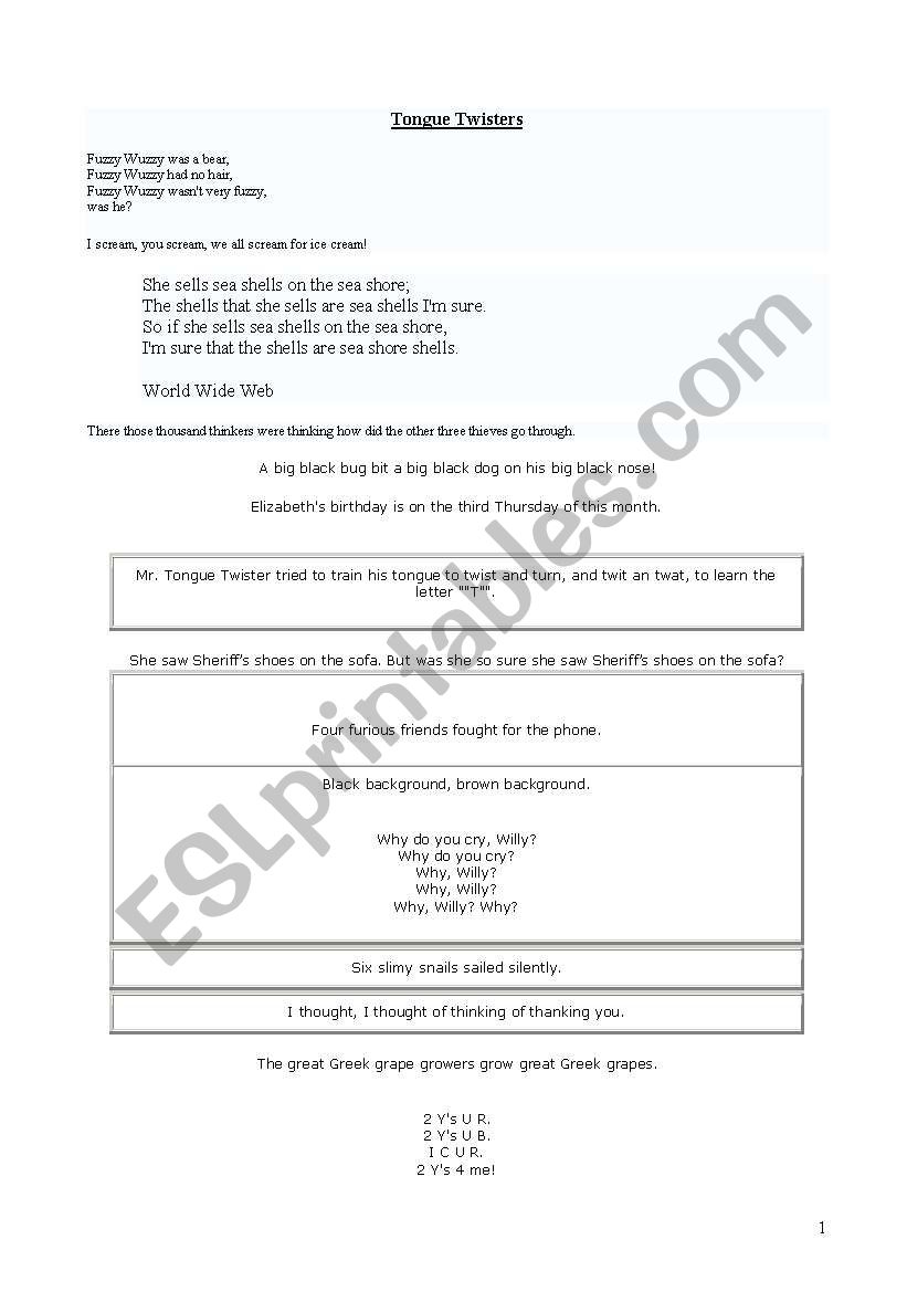 tongue twisters worksheet