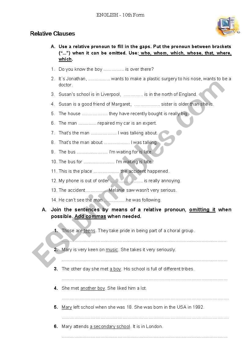 Relative clauses - exercises worksheet